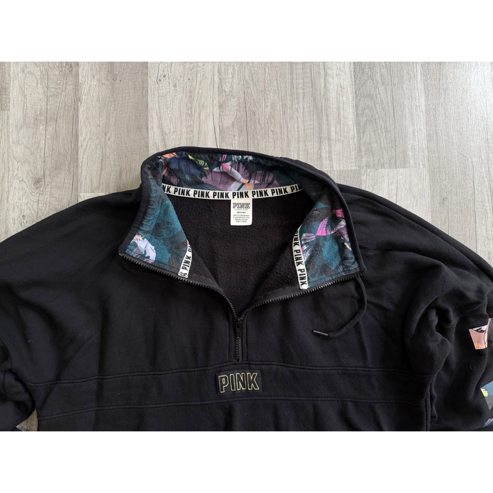 Pink Victoria Secret Sweatshirt Oversized Black 1/4 Zip Tropical Logo Medium - Picture 4 of 16